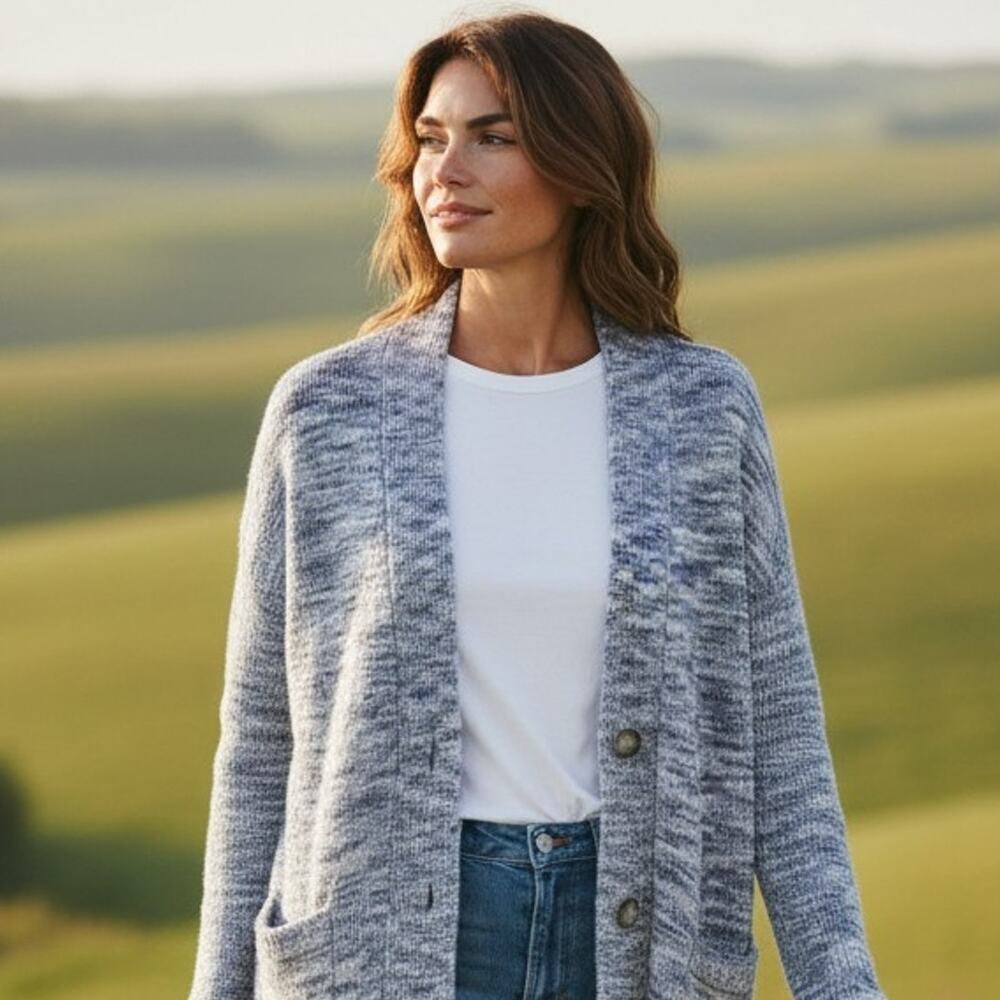 Coldwater Creek Cardigan Sweater Womens Medium Gray Button Pockets Wool Blend